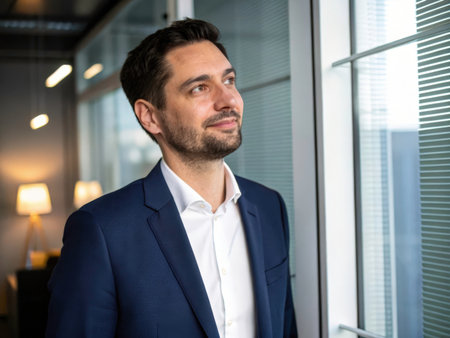A thoughtful businessman stands by a window, gazing out at an urban landscape. The warm lighting and muted colors create a serene and introspective mood, ideal for professional or creative contexts.の素材