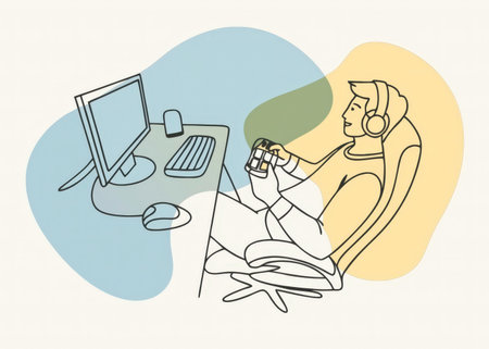A clean line drawing illustrates a person enjoying a moment of relaxation and entertainment through a computer, headphones, and a gaming controller. The composition evokes calm and focus.の素材