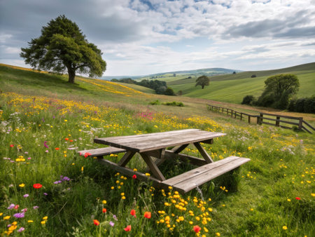 A picturesque wooden picnic table sits invitingly amongst a vibrant wildflower meadow, framed by rolling green hills and a wooden fence. The scene evokes feelings of peace and relaxation, perfect for nature-related content.の素材