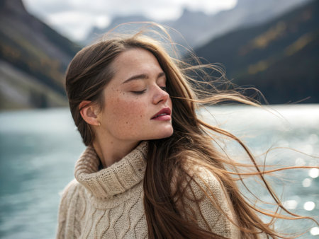 A young woman stands in quiet contemplation beside a tranquil body of water, bathed in soft natural light. Her flowing hair and warm sweater create a peaceful and evocative scene, ideal for illustrating tranquility and connection with nature.の素材