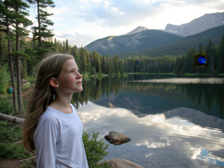 A young girl stands by a calm lake, gazing at distant mountains, embodying a feeling of wonder and tranquility amidst a beautiful natural setting. The image evokes peace and exploration.の素材