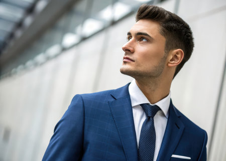 A young man in a formal blue suit contemplates the cityscape, his expression conveying thoughtfulness and confidence. The blurred urban background highlights his professional demeanor.の素材