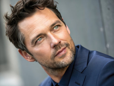 A close-up portrait captures a man's thoughtful expression, highlighted by his dark, tousled hair and a lighter beard. The image evokes introspection and professionalism, ideal for diverse creative applications.の素材