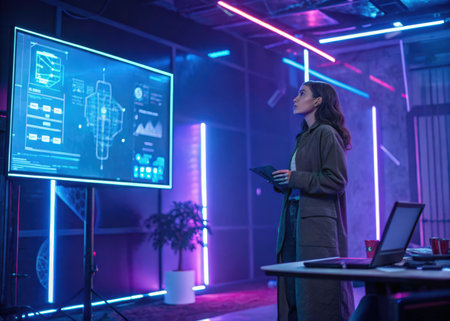 A lone individual intently observes complex data visualizations on a large screen within a strikingly modern, technologically advanced room, highlighting innovation and data analysis.の素材