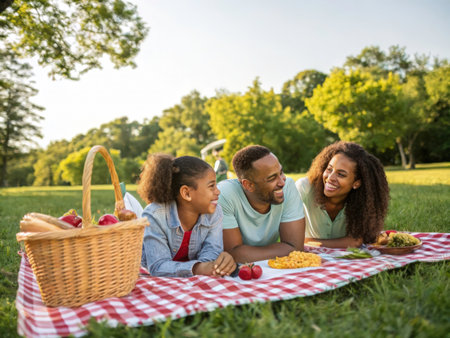 A heartwarming image of a family enjoying a picnic in a beautiful outdoor setting, capturing a sense of happiness and connection among loved ones.の素材