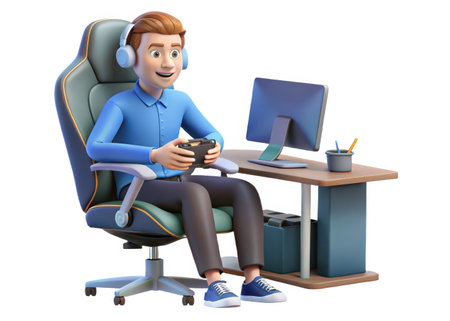 A 3D animated character enjoys a gaming session at a modern computer workstation, fostering a sense of leisure and focus. The scene highlights comfort and engagement with digital entertainment.の素材
