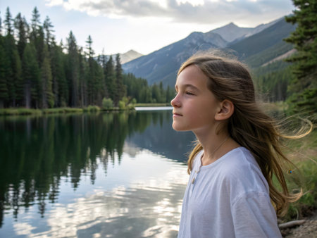 A young girl stands by a tranquil lake, gazing at a breathtaking mountain vista. The scene evokes feelings of peace, serenity, and connection with nature, perfect for inspiring calm and reflection.の素材