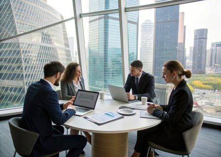 Four professionals engage in a focused meeting within a modern office, illuminated by a stunning cityscape view through expansive windows. It captures a sense of teamwork, strategy, and business productivity.の素材