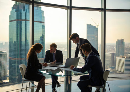 Three professionals engaged in a serious discussion within a modern high-rise office, overlooking a vast, bustling cityscape. The image captures a moment of concentrated work and strategic planning.の素材