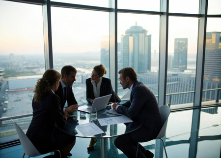 Four professionals engaged in a serious discussion within a modern office, illuminated by natural light and a panoramic city view. The scene conveys focus and collaboration.の素材