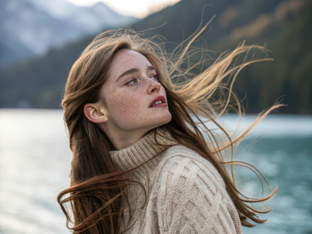A young woman with flowing brown hair enjoys a peaceful moment by tranquil waters, her contemplative expression and soft knitwear suggesting serenity and introspection. The reflective water and blue sky create a calming and beautiful scene.の素材