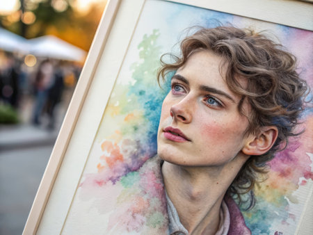 A young man with curly brown hair is captured in a serene watercolor portrait, his upward gaze evoking introspection and a sense of calm. The blurred background and vibrant color palette contribute to the image's dreamy quality.の素材