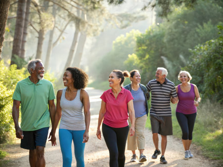 Five smiling individuals enjoy a leisurely walk along a dirt path through a vibrant forest, bathed in warm sunlight. This image evokes feelings of joy, wellness, and connection with nature.の素材
