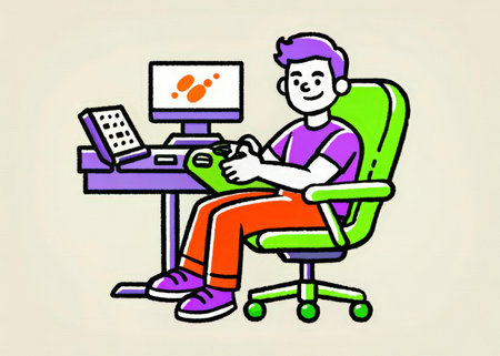 A cheerful animated character focuses on a digital art project at a modern office desk, utilizing bright colors and a minimalist setting to convey creativity and productivity.の素材