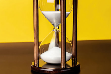Hourglass on a yellow background. Concept of time and deadline.の素材
