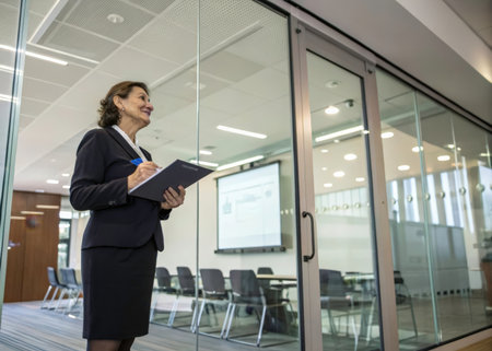 A stylish businesswoman in a dark suit and white blouse is captured in a bright, modern office setting, suggesting concentration and productivity. Natural light and a clean design enhance the professional atmosphere.の素材