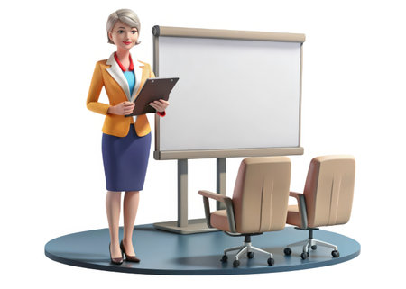 A 3D rendering showcases a professional woman in a yellow blazer thoughtfully reviewing a whiteboard filled with ideas, creating a sense of focus and strategic planning in a modern office setting.の素材