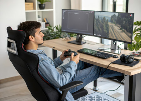 A young individual is completely engrossed in a video game within a well-designed home office, showcasing a comfortable gaming setup and intense concentration.の素材