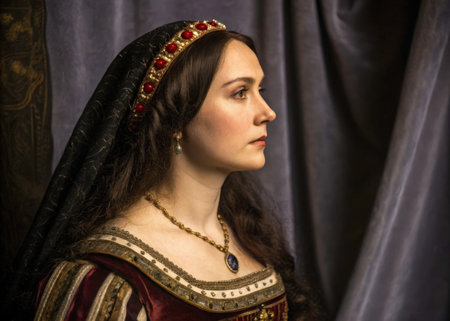 A serene woman in a richly detailed Renaissance gown captivates with her opulent attire, featuring velvet, gold, and a vibrant blue gemstone, evoking an era of nobility and elegance.の素材