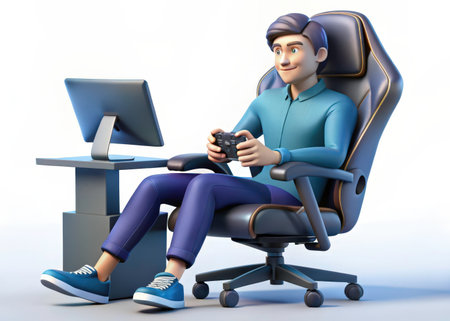 A captivating 3D rendering showcases a gamer immersed in a contemporary gaming environment, complete with a comfortable office chair and a flat-screen monitor. This image evokes a sense of leisure and focus.の素材