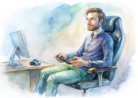 A person enjoys a moment of relaxation while playing a video game, captured in a serene watercolor style. The image evokes feelings of leisure and focus, suitable for diverse creative applications.の素材