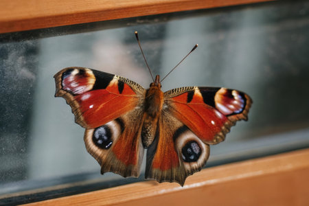 Peacock butterfly (Inachis io) on a windowの素材