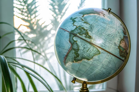 Globe on the table in the interior of a room with plantsの素材