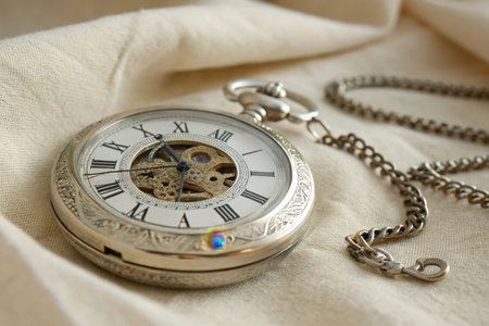 Vintage pocket watch on a white fabric background. Selective focus.の素材