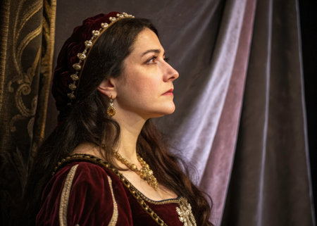 A stunning portrait of a woman in a richly embroidered Renaissance gown, exuding elegance and contemplation. The imageの素材