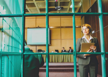 A woman in professional attire stands behind a green barrier, suggesting a secure or private meeting. Formal colleagues observe from a room with wooden paneling, creating a serious and focused atmosphere.の素材