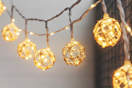 Decorative light bulbs garland hanging on wooden wall, closeupの素材