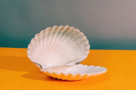 a shell on a yellow tableの素材