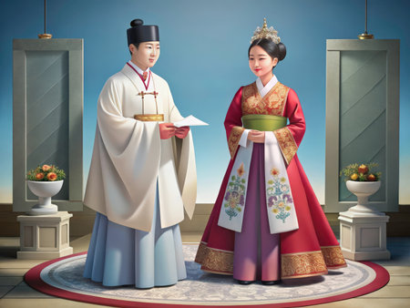 Two individuals in exquisite traditional Korean hanbok stand together, evoking a sense of heritage and cultural significance. The scene features vibrant colors and intricate patterns, suggesting a formal occasion or historical narrative.の素材