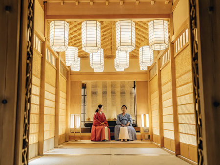 Two individuals in traditional atmosphere converse in a beautifully lit, historical interior space. Cylindrical lanterns cast a warm glow on patterned wallpaper and wooden architecture, creating a serene and culturally rich atmosphere.の素材