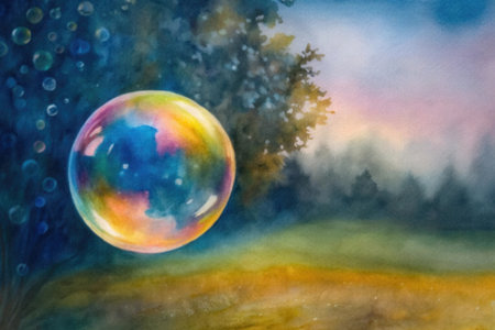 Watercolor painting of a beautiful landscape with a colorful soap bubble.の素材