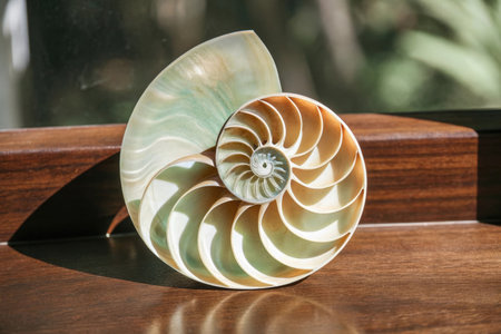 nautilus shell on wooden table in the garden, stock photoの素材
