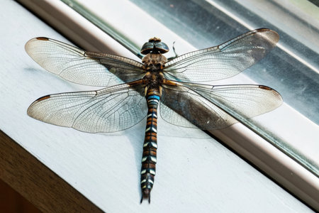 Dragonfly on the window in the morning. Macro photography of a dragonflyの素材