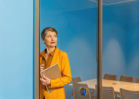 A smartly dressed individual stands poised in a modern office setting, holding a clipboard and pen, ready for a meeting. The image conveys professionalism and preparedness within a contemporary workspace.の素材