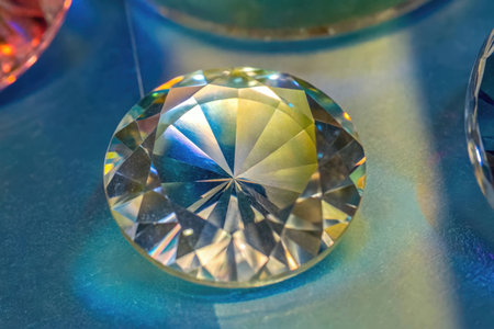 Close up of a diamond on a table in a jewelry store.の素材