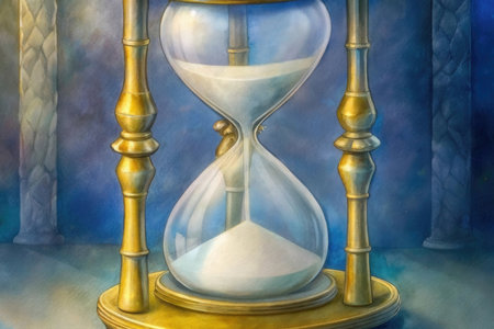 Digital painting of an hourglass in a room with a blue backgroundの素材
