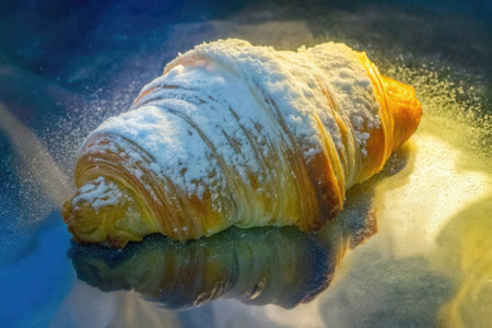 Freshly baked croissants with icing sugar on a blue backgroundの素材