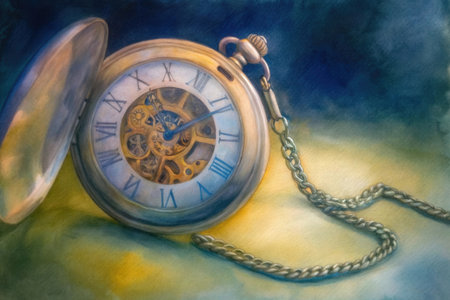 Old pocket watch on a blue and yellow background. Digital watercolor painting.の素材