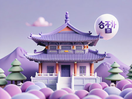 A beautifully rendered East Asian temple with purple and blue hues stands majestically against a mountainous backdrop, creating a serene and enchanting atmosphere. The intricate details and symbolic elements evoke a sense of wonder and peace.の素材