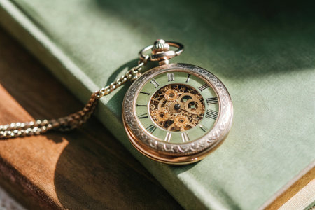 Vintage pocket watch on a book in the sunlight. Selective focus.の素材