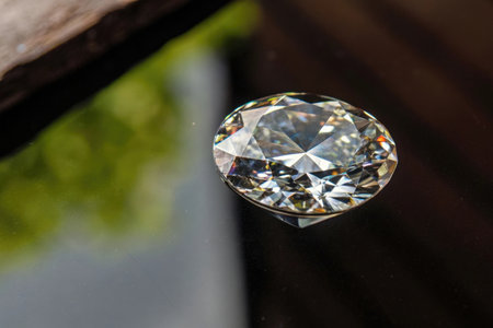 Close up of a diamond on a wooden table in a garden.の素材
