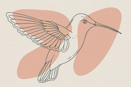 Illustration of a Hummingbird with Beige Background and Heartsの素材