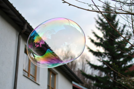 Soap bubble in front of a house in the village on a winter dayの素材
