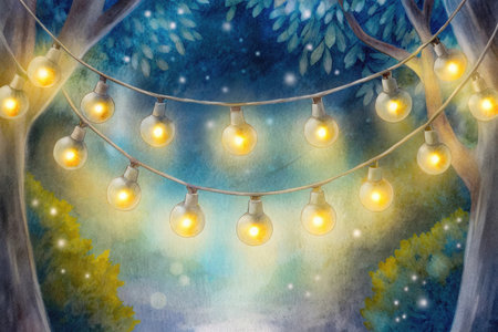 Watercolor illustration of light bulbs hanging from a tree in the forestの素材