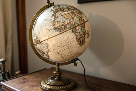 Vintage globe on a wooden table in a room with white wallsの素材