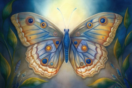 butterfly painting on canvas with blue sky and sunflareの素材